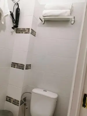 a white bathroom with a toilet and a towel at Cosy Europarlament apartment in Brussels
