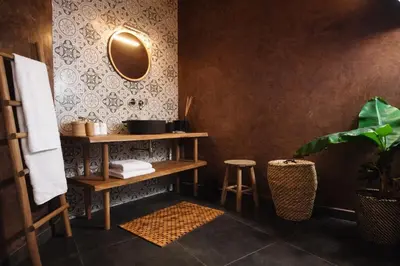 a bathroom with a wooden shelf and a mirror at SLEEP INN - 1001 Nights Loft Citycenter with Balconyview in Antwerp