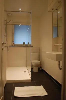 a bathroom with a shower and a toilet and a sink at Hoppernachten in Zele