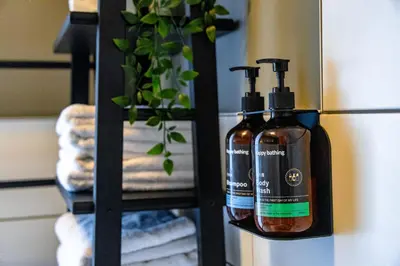 two bottles of soap on a black rack at London 993 Apt 202 in Antwerp