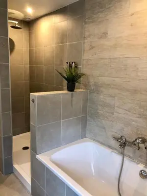 a bathroom with a tub and a potted plant at Charta Appartement in Kortenberg