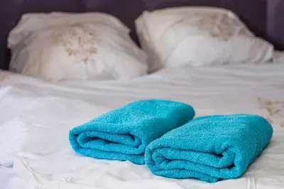 two towels sitting on top of a bed at B&B B³ Boat in Ghent