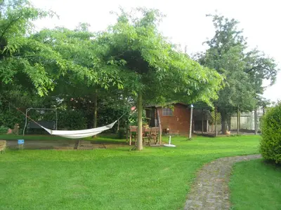 a hammock hanging from a tree in a yard at Vakantiehuis in de velden met zwemvijver en Jeu de Boules baan in Lier