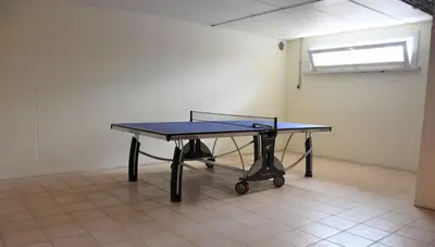 a ping pong table in the corner of a room at Vakantiewoning Lescaut in Hamme