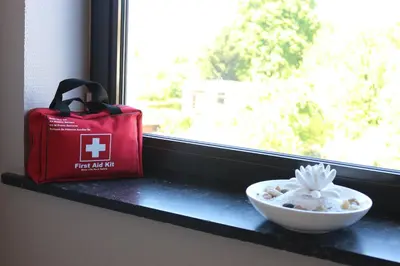a red bag sitting on a window sill next to a bowl of food at Brussels BnB in Brussels