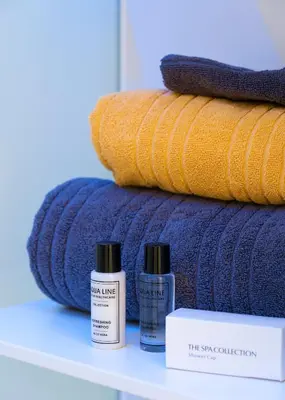 a shelf with two bottles of moisturizers and towels at B&B Snooz Inn in Ghent