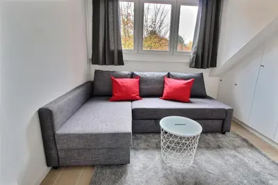 a living room with a gray couch with red pillows at Rent a flat - Montgomery in Brussels