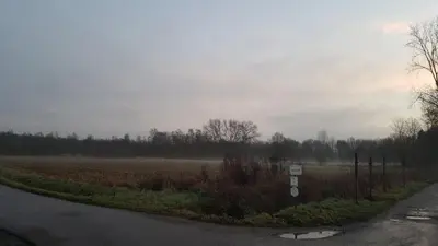 an empty road next to a field on a cloudy day at B&B Leybeeckhof in Holsbeek