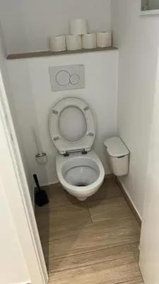 a white toilet in a bathroom with a wooden floor at Best nest in Brussels
