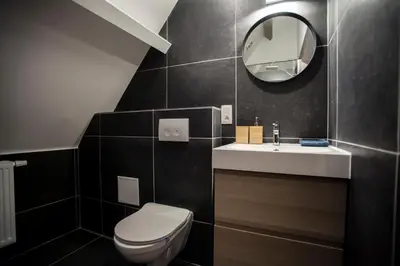 a bathroom with a toilet and a mirror at Luxury Suites Riverside Residence by Rikas Hotels in Antwerp