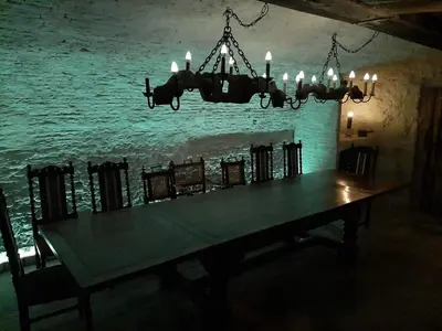 a dining room with a table and a chandelier at HOFMARKGRAAF - Unique apartment in historic Antwerp mansion in Antwerp