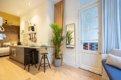 a kitchen with a door and a table with a plant at SHWAY - The Red Monkey in Antwerp