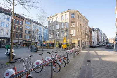 a row of bikes parked on a city street at SHWAY - The Light Blue Parrot in Antwerp