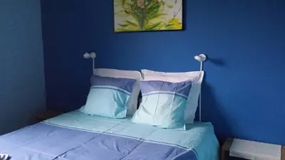 a blue bedroom with a bed with blue walls and pillows at Hotel Amethist in Ramsel