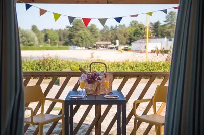a picnic table with a picnic basket on a porch at Verblijfpark Tulderheyde in Poppel