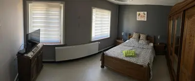 a bedroom with a bed and a tv and two windows at B&B Den Boskant in Zandbergen