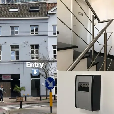 a collage of photos with a building and an entry sign at Elma’s Place in Ghent