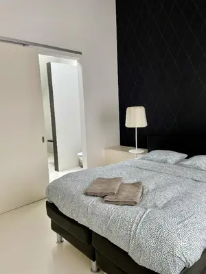 a bedroom with a bed with a black headboard and a mirror at Luxurious villa during tomorrowland in Hemiksem