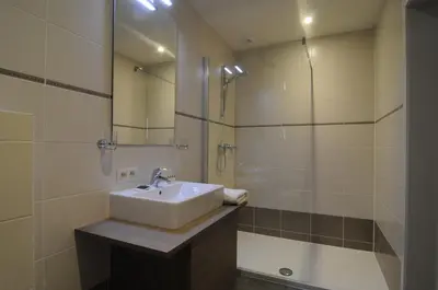 a bathroom with a sink and a shower at Gastenhof Ter Lombeek in Onze-Lieve-Vrouw-Lombeek