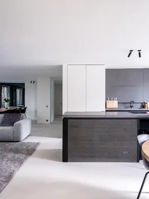 a kitchen and living room with white cabinets at Maison N in Ghent