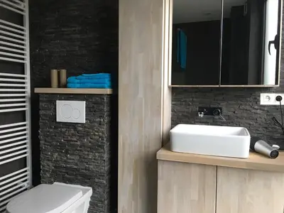 a bathroom with a white sink and a mirror at Appartement met groot terras in Mortsel