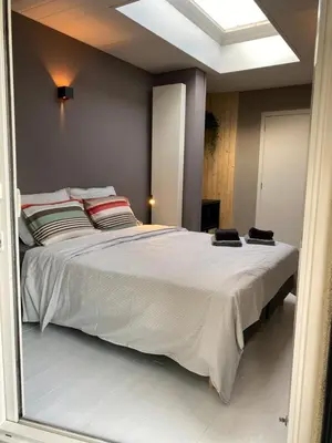 a bedroom with a large white bed with two pillows at B & B Simme Zimme in Brasschaat
