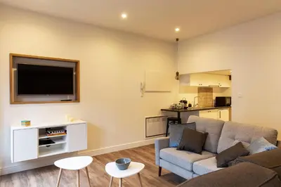 a living room with a couch and a flat screen tv at B&B Steendam 66 in Ghent