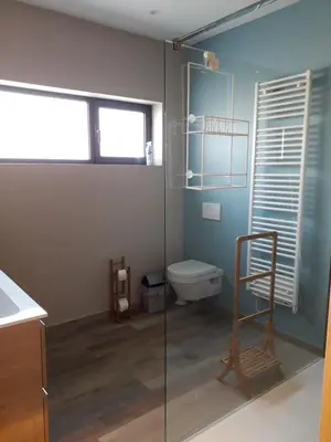 a bathroom with a toilet and a glass shower at Vakantiehuisje 't Morehof in Oosterzele