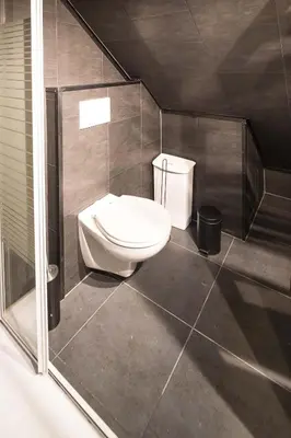 a bathroom with a white toilet in a room at Logies De blauwe regen in Beveren