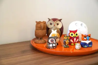 a group of owl figurines sitting on a plate at Well-situated and Comfortable Home in Ghent