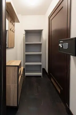 a walk in closet with a door and shelves at Fish Market Apartments in Brussels