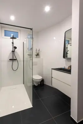 a bathroom with a glass shower and a toilet at Fish Market Apartments in Brussels
