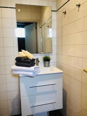 a bathroom with a white sink and a mirror at Apartment Easyway to sleep in Brussels