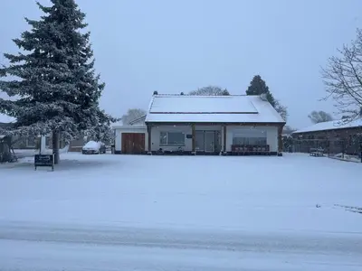 a house with snow on the ground next to a tree at Aquavilla Bed & Breakfast in Willebroek