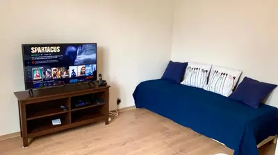 a bedroom with a bed and a flat screen tv at Panda Stella in Zaventem