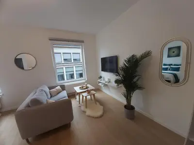 a living room with a couch and a potted plant at Logement luxueux dans le coeur de Bruxelles in Brussels