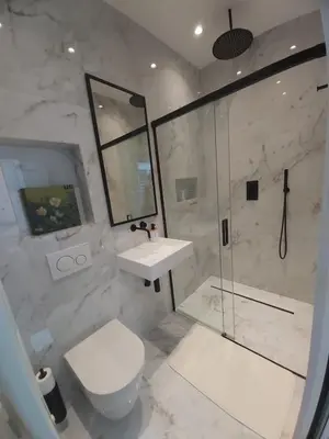 a bathroom with a shower and a toilet and a sink at Logement luxueux dans le coeur de Bruxelles in Brussels