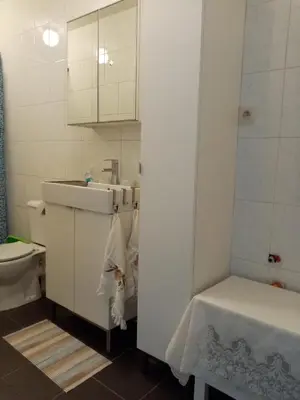 a small bathroom with a sink and a toilet at Private apartment near Brussels in Asse