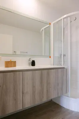 a bathroom with a sink and a mirror at Verac Flats in Zaventem