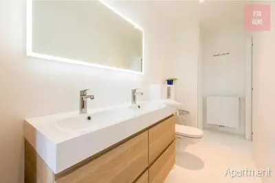a bathroom with a sink and a mirror and a toilet at Lovely & Stylish accommodations at P36 Gent, near the Center in Ghent