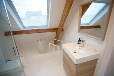 a bathroom with a sink and a mirror at Lovely & Stylish accommodations at P36 Gent, near the Center in Ghent