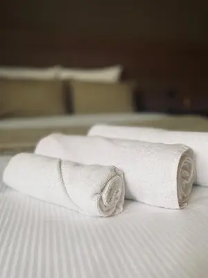 two rolled towels sitting on top of a bed at HOTEL BORNEM in Bornem