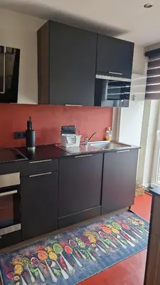 a kitchen with a sink and a kitchen rug at Cocoon in East-Brussels in Wezembeek-Oppem