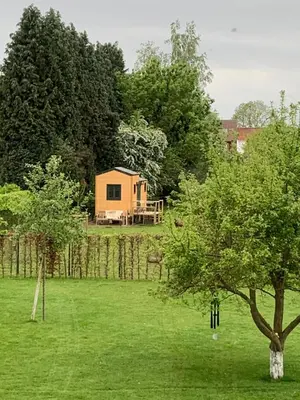 a house in the middle of a field with trees at Joly Tiny House in Overijse
