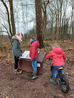 three children standing around a picnic table in the woods at B&B El Bayo in Ravels