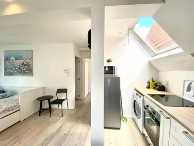 two views of a kitchen and a living room at BONJOUR Apartments Сentre 3 in Antwerp