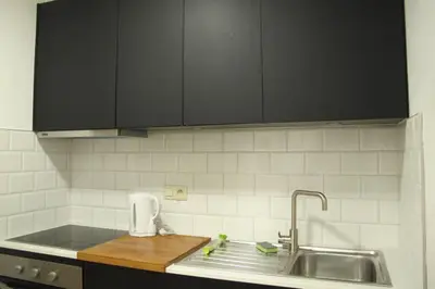 a kitchen with a sink and black cabinets at Brussels Downtown in Brussels