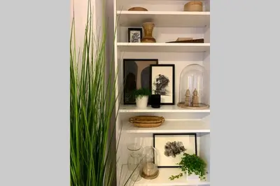a white shelf with pictures and plants on it at City PENTHOUSE, rooftop terrace, free NETFLIX, wifi and airco in Antwerp