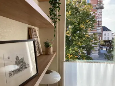 a window with a view of a tree on a street at Borgerhouse B&B in Antwerp