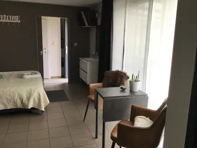 a room with a bed and a table and chairs at Studio Gardenroom Guesthouse De Steenberg met wellness & tuinzicht in Geel